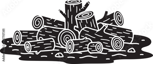 Pile of Firewood Logs with Rings Cut Wood Stacked on Ground Rustic Woodland Scene Black and White Outline Style
