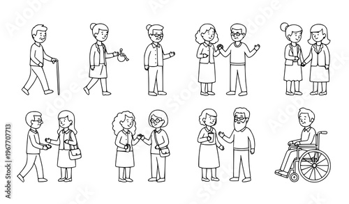 Inclusive people doodle illustration vector set with walking characters men women teenagers and disabled person isolated on white