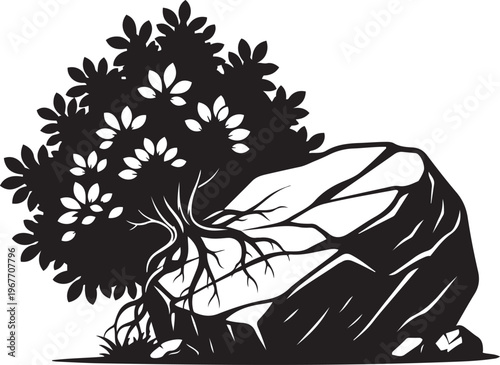 Tree Roots Entwined with Rock Growth and Nature Detail Silhouette Style