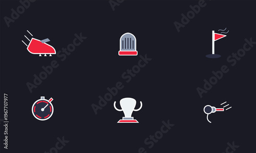 Set of six track and field sports icons featuring running shoe hurdles flag stopwatch trophy and whistle