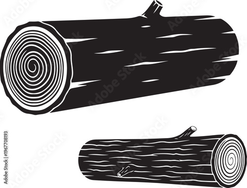 Wood Log Cross-Section and Side View Black Silhouette Rustic Lumber Details Natural Material Texture Graphic Design Element