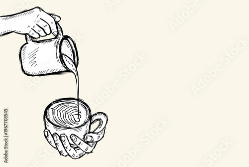 Barista hold cup and making latte or cappuccino art coffee with milk with free space for text. Vector illustration