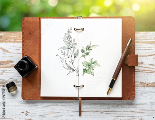 Botanical Sketchbook with Ink Pen and Inkwell on Wooden Table.