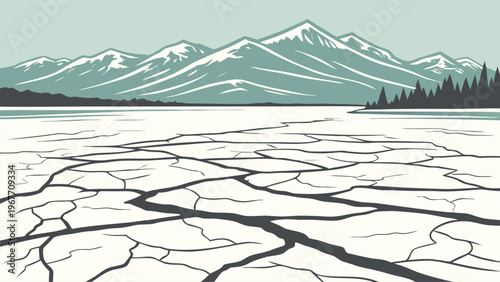 Parched cracked ground under distant mountains, drought concept, climate change theme, minimalist flat vector design, environmental and global warming visual.