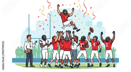 American Football Players Celebrating Touchdown Together.