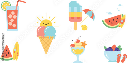 Summer Dessert and Refreshment Icon Set with Ice Cream, Popsicles, Juice, Watermelon and Fruit Treats Flat Vector Collection Isolated on White Background