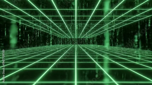 Futuristic neon grid pattern on black digital background