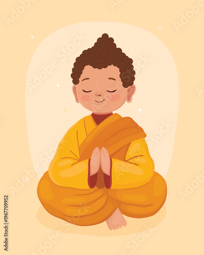 Cute character, little boy Buddhist monk or Buddha in yellow clothes. Buddha in a pose of prayer. Happy Vesak day.	
