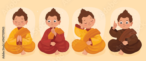 Four cute little cartoon Buddhist monks in meditation poses. Little Buddhas in red, yellow and brown robes. Buddha points his finger up, in a pose of prayer, thoughtful smiling Buddha.