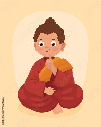 Cute character, smiling little boy Buddhist monk in red clothes, Buddha points his finger up. Happy Vesak day.	