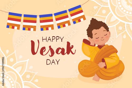 Happy Vesak day, card for buddhist holiday. Cute character, little boy Buddhist monk in yellow clothes and a garland of Buddhist flags.  Thoughtful smiling monk.