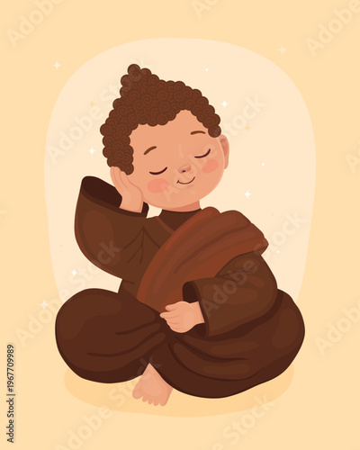 Cute character, little boy Buddhist monk in brown clothes. Thoughtful smiling Buddha. Happy Vesak day.	
