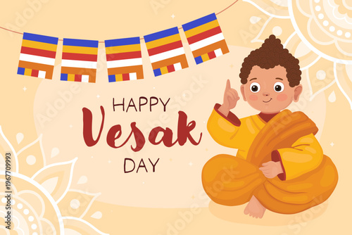 Happy Vesak day, card for buddhist holiday. Cute character, smiling little boy Buddhist monk in yellow clothes, Buddha points his finger up. Garland of Buddhist flags.