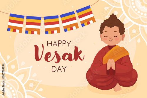 Happy Vesak day, card for buddhist holiday. Cute character, little boy Buddhist monk or Buddha in red clothes and a garland of Buddhist flags. Buddha in a pose of prayer.
