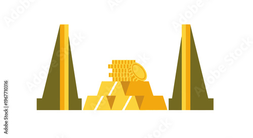 Golden coins and bars stacked high. Vector Illustrations. EPS Editable
