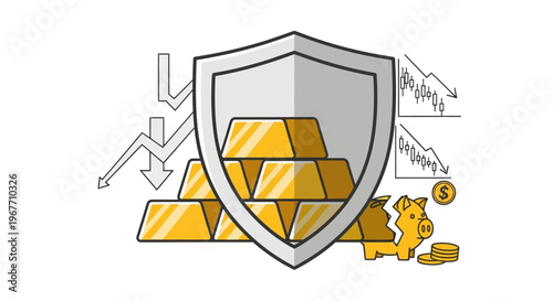 Golden coins and shield protection symbol. Vector Illustrations. EPS Editable