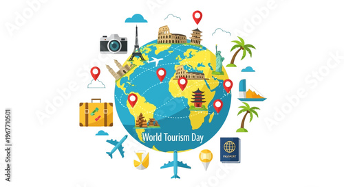 Globe with travel and tourism icons. Vector Illustrations. EPS Editable