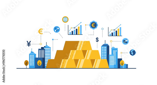Gold bars and financial cityscape illustration. Vector Illustrations. EPS Editable