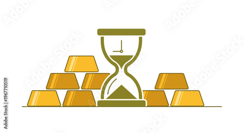 Gold bars and hourglass timer symbol. Vector Illustrations. EPS Editable
