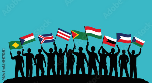 People holding national flags standing together.