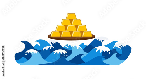 Gold bars floating on a turbulent blue ocean. Vector Illustrations. EPS Editable