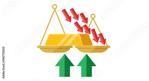 Gold bars on balance scales rising. Vector Illustrations. EPS Editable