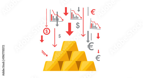 Gold bars with financial symbols around. Vector Illustrations. EPS Editable