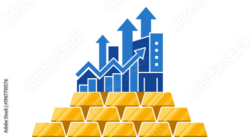 Gold bars with growing graph chart. Vector Illustrations. EPS Editable