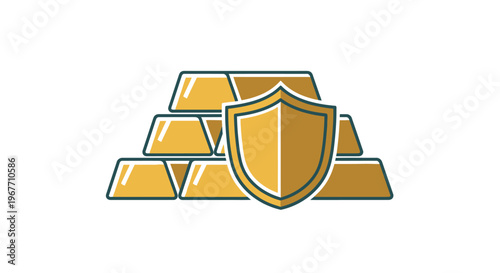 Gold bars with protective shield symbol. Vector Illustrations. EPS Editable