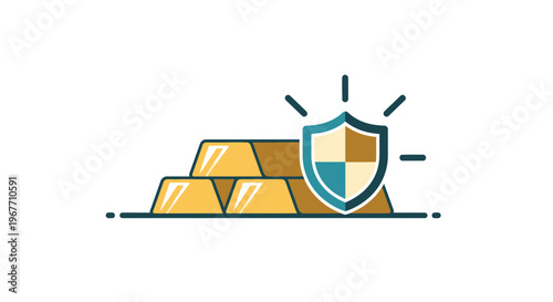 Gold bars with shield protection symbol. Vector Illustrations. EPS Editable