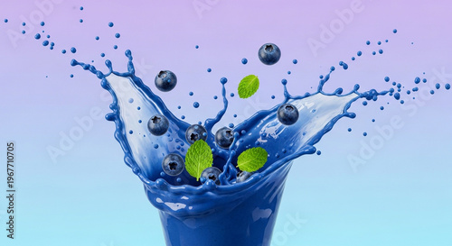 Minimalist food art of blueberry smoothie splash in motion