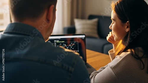 Business people analyzing data on laptop.