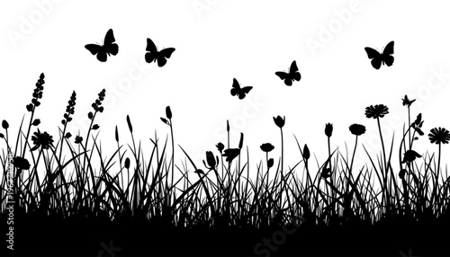 Black silhouette butterflies flying over grass and flowers, nature scene, wildlife illustration, vector graphics