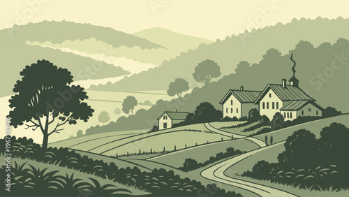 Small village houses among green hills, peaceful rural scenery, flat vector style, farming and countryside life concept, ideal for travel and background use.