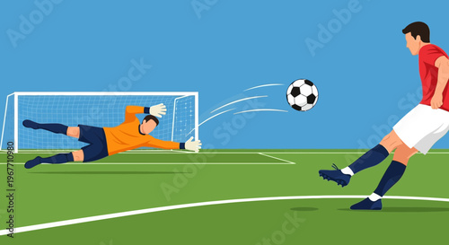 Soccer player kicks ball goalward fast.