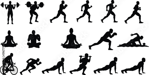 A collection of black silhouette images of people exercising