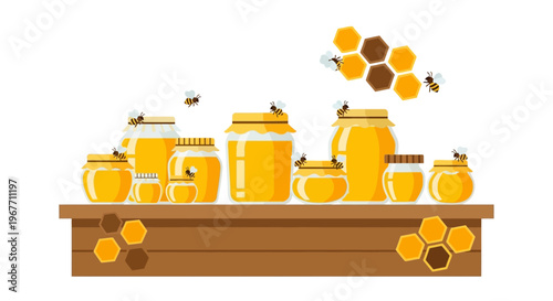 Honey Jars on a Wooden Shelf. Vector Illustrations. EPS Editable