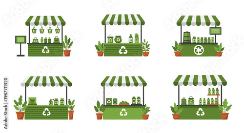 Green eco friendly market stalls selling 1. Vector Illustrations. EPS Editable