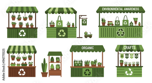 Green eco friendly market stalls selling. Vector Illustrations. EPS Editable