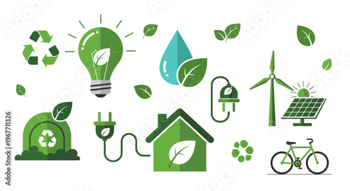 Green energy and ecofriendly solutions for sustainable living. Vector Illustrations. EPS Editable