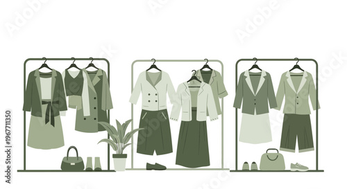 Green clothing on hangers displayed. Vector Illustrations. EPS Editable