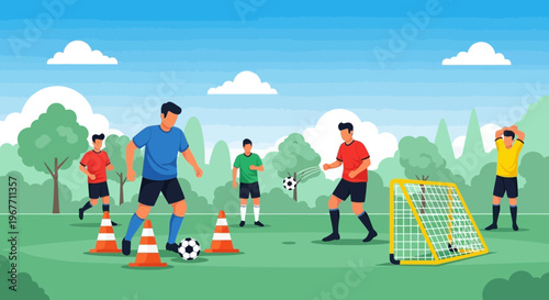 Soccer players kicking balls on field.