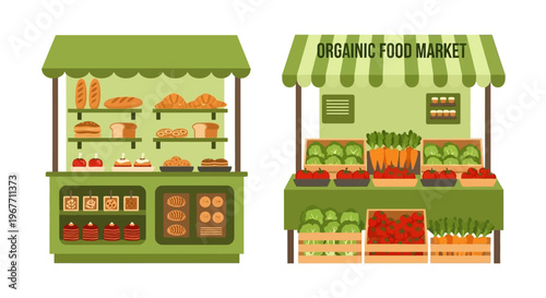 Green organic food market stalls selling. Vector Illustrations. EPS Editable