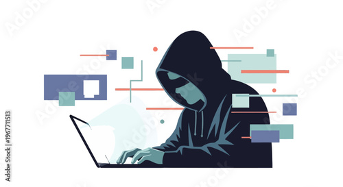 Cyber Hacker in Hooded Sweatshirt Working on Laptop for Digital Data Theft and Security Breach