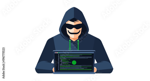Hacker in hoodie with laptop computer. Vector Illustrations. EPS Editable