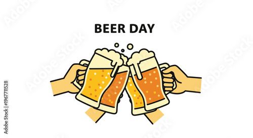 Hands holding beer glasses together. Vector Illustrations. EPS Editable