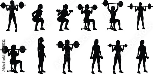 A set of silhouettes showing various weightlifting exercises