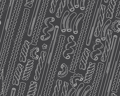 Seamless pattern with different types of pasta on a black background. Outline illustrations of italian pasta of different shapes, spaghetti, dry macaroni. Pattern for menu, Italian cuisine restaurant.