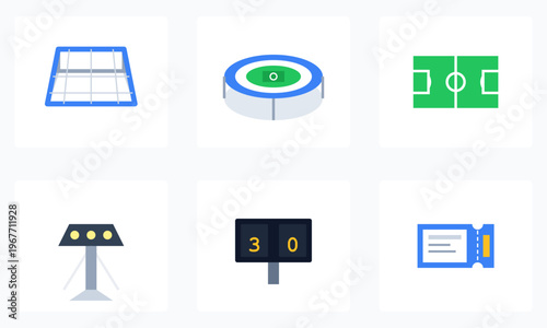 Hand-drawn Collection of six flat sports icons including a stadium field scoreboard and event ticket authentic illustration