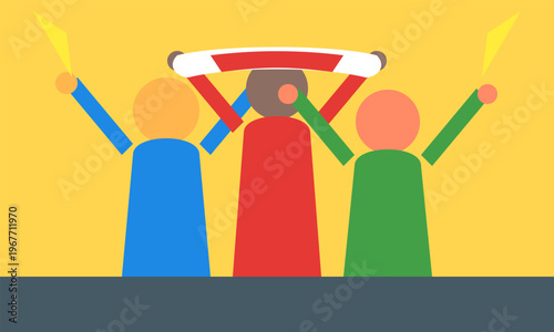 Hand-drawn minimalist group of sports fans cheering with colorful scarf at a stadium match event showing authentic illustration